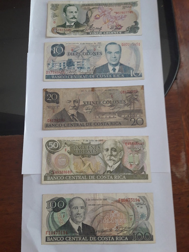 Imagen 1 de 2 de Billetes Costa Rica: Set 5, 10, 20, 50 Y 100 Colones Unico