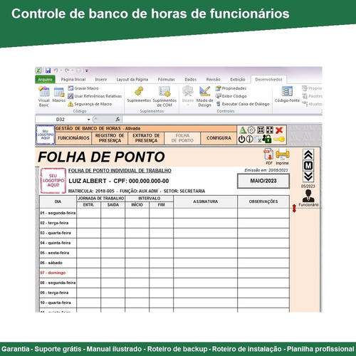 Planilha De Controle De Banco De Horas - Folha De Ponto