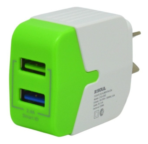 Imagen 2 de 2 de Cargador Carga Rápida Soul Doble Usb 2.4a + Cable Lightning