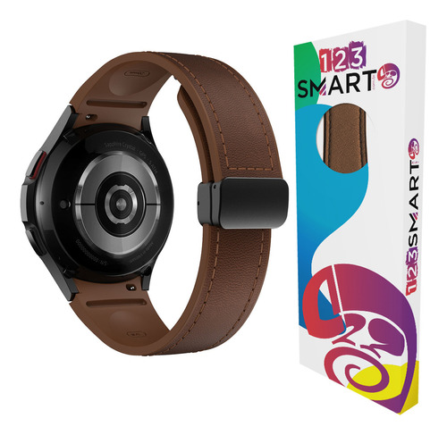 Pulseira Ridge De Silicone Com Couro Fecho Magnetico Marca 123smart Compatível Com Galaxy Watch 4 5 6 40mm 44mm 45mm 46mm 43mm 47mm - Cor Marrom