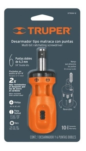 Imagen 3 de 7 de 10494 Truper Desarmador Trompo Matraca 6 Puntas Dobles