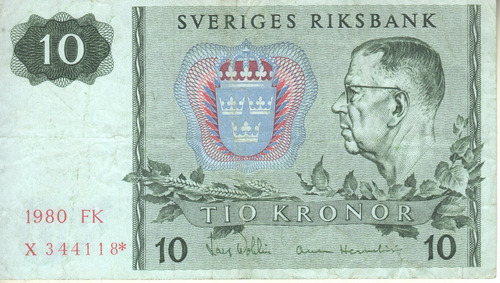 Reposición Suecia Billete De 10 Kronor Año 1980 P#52r3 - Vf