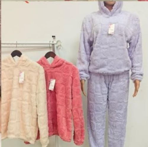 Pijama Mujer Polar Peluche Tramado Invierno Capucha C/orejas