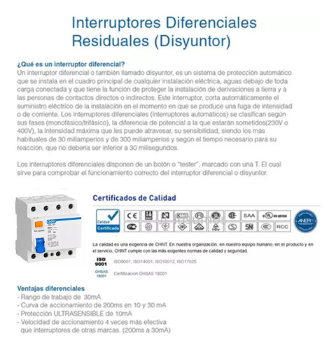 Disyuntor Diferencial Tetrapolar 63 Amp - 6ka - 30ma - Chint