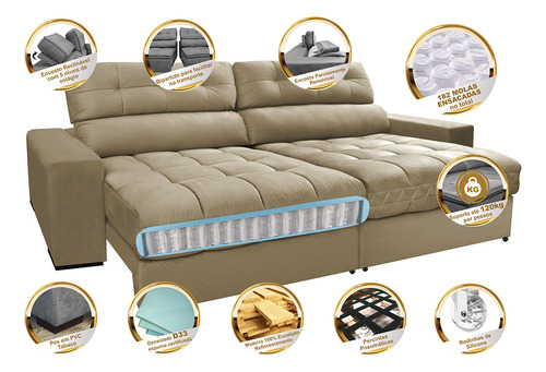 Sofá Retrátil e Reclinável com Molas Ensacadas Cama inBox Master 2,12m Tecido Suede Bege