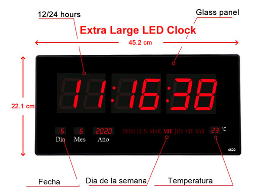 Reloj Digital Pared Luz Led Hora Fecha Temperatura