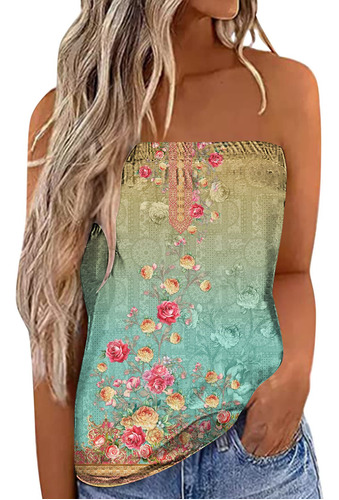 Blusa De Tubo Sin Mangas Con Estampado De Verano Sin Tirante