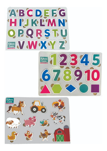 Kit 3 Quebra-cabeças Numeros Formas+alfabeto+animais