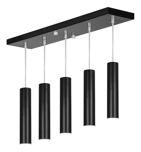 Pendente Quintuplo Tubo Cilindro Preto 30cm + Led 3k