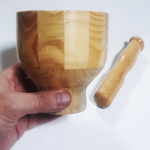 Pilão De Bambu Com Socador Moedor Temperos Alho Triturador