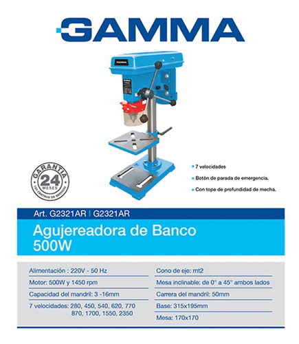 Taladro De Banco Gamma G2321ar 16mm 500w 9 Velocidades
