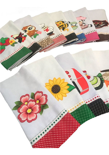 Kit 55 Panos De Prato Bordado Patchwork Barrado Com Bainha