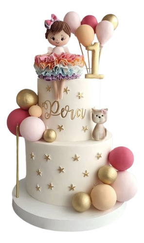 Adorno Para Torta Muñequita Con Globos Y Esferas Porcelana