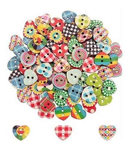 100 Botones De Madera - Corazones Multicolor 13x15x2.5mm