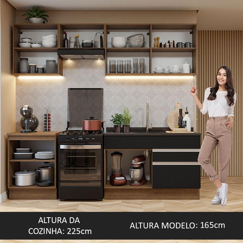 Armário De Cozinha Completa 240cm Rp Madesa Glamy 08 Cor Rustic/Preto