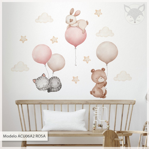 Vinilo Para Pared Bebes Nenas Animales Globos Acuarela Rosa