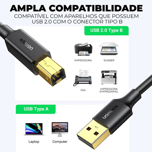 Cabo Impressora Usb 2.0 Tipo A Para Tipo B 1m Ugreen