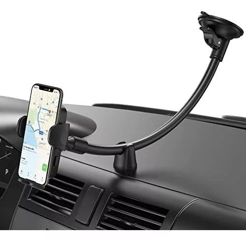 Soporte de teléfono con ventosa de cuello de cisne en el  parabrisas/ventana/tablero, soporte de teléfono de coche para iPhone 15 Pro