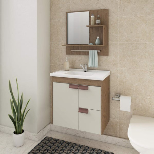 Gabinete De Banheiro Com Espelho Amêndoa/branco 59cm Tulipa Cor da pia Branco