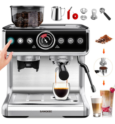 Cafetera Espresso Y Cappuccino Para Negocio,máquina De Café 20 Bar Con Sistema De Calentamiento Dual Y Molino Y Varilla De Vapor Para Lattes Y Macchiatos, para Uso Doméstico Y Comercial (ESG2-Pro)