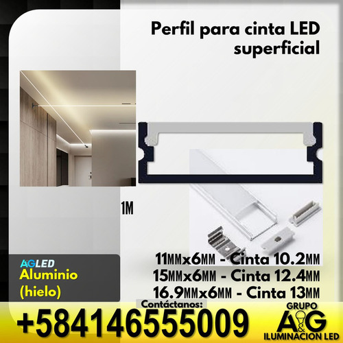 Perfil Superficial 1m 16.9x6mm Para Cinta Led 13mm Aluminio