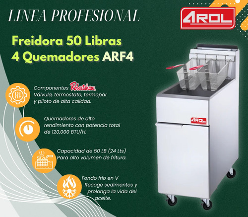 Freidora Industrial 50 Lb (24 Lts) 4 Quemadores Gas Natural Acero Inoxidable AROL ARF4-NG con Componentes Robert Shaw