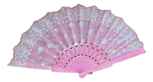 Abanico De Tela Pintado Con Brillos 6 Colores Colonial Rosa Chicle Guarda
