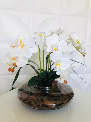 Arranjo De Orquídea 3d Toque Real Silicone Vaso Vidro