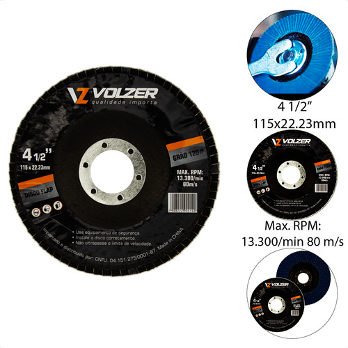 5un Discos Flap 4.1/2 Polegadas Grão 120 - 115mmx22mm Volzer