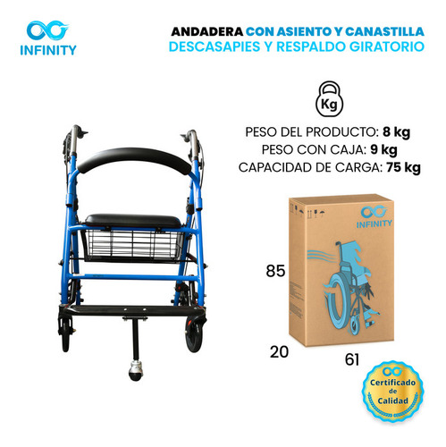 Andadera Rollator Infinity Color Azul, Con Freno En Manubrio, Canastilla, Asiento Y Respaldo Giratorio