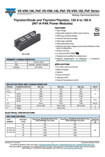 Modulo Doble Tiristor Vishay Vs-vskt162/12pbf 160a 1200v
