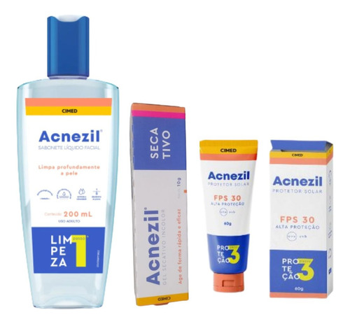 Kit Acnezil Sabonete Facial + Gel Secativo + Protetor Solar