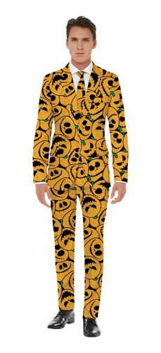 Disfraz Traje Elegante Tipo Sastre Con Estampado De Calabazas De Halloween - Pumpkin Suit, Con Máscara De Calavera