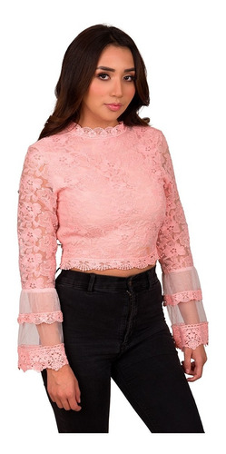 Crop Top Moda Mujer Manga Larga Detalle Encaje Vjh8886