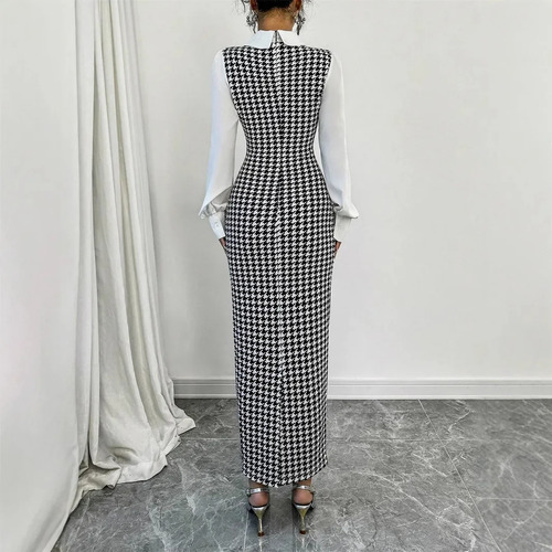Vestido De Falda Larga Evasé Con Estampado De Pata De Gallo