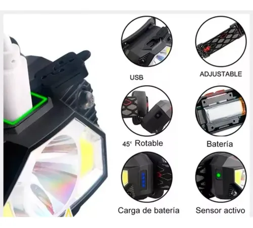 Linterna Minera Led Frontal Recargable 6 Modos Con Sensor