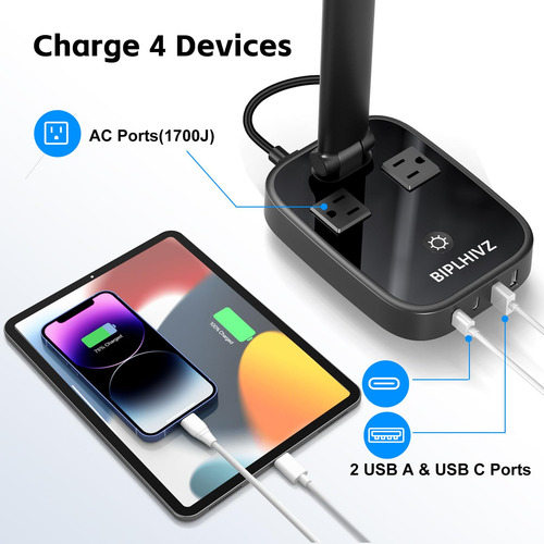 Lámpara De Escritorio Led Con 2 Puertos De Carga Usb-a Y 2 U