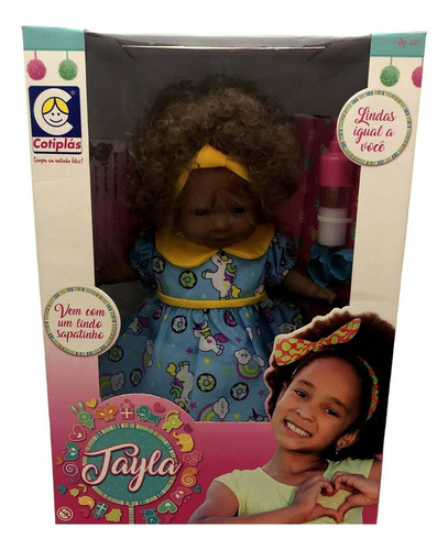 Boneca Bebê Tayla Negra Cabelo Black Power Afro - Acompanha Acessórios Mamadeira Mágica Certidão De Nascimento E Sapatinhos - Cotiplás Brinquedos