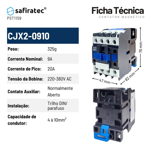 Contator Tripolar Safiratec 9a 0910 3p+1na 220v 380v