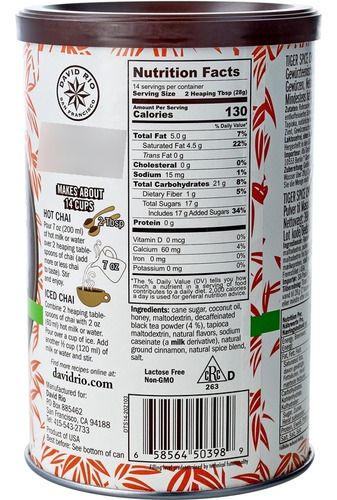 Té Chai David Rio Mix, Especias De Tigre Descafeinado, 14 On