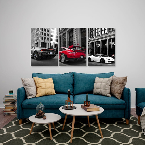 Imagem 3 de 5 de Quadros Decorativos Quarto Moldura Carros Esportivos 3x1