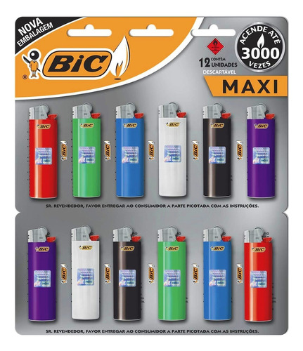 Isqueiro Maxi J6 Grande Bic Com Desenhos Cartela 12 Unidades