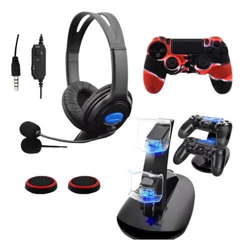 Kit Audifonos Gamer Ps4 Cargador Doble Control Ps4 1silicona