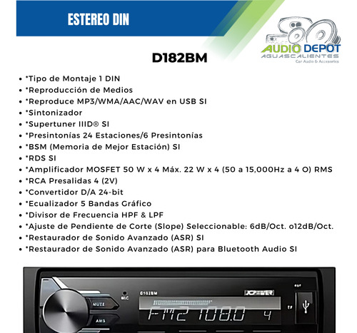 Autoestereo Jc Power D182bm No Cd Usb Aux Bluetooth Radio Fm