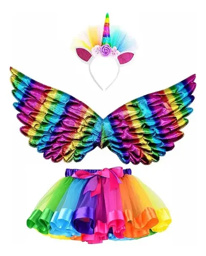 FIESTAS GUIRCA Disfraz De Unicornio Arcoíris Con Alas Para Niña – Vestido Con Tutú, Diadema Dorada Y Alas Rosas, Talla 3-4 Años
