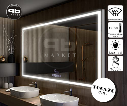 Imagen 2 de 10 de Espejo Baño 100x70 Luz Led Desempañador Temp Y Hora