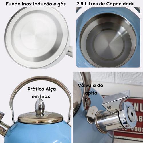 Chaleira Inox Apito 2,5 Lt Retrô Premium Indução Gás Azul