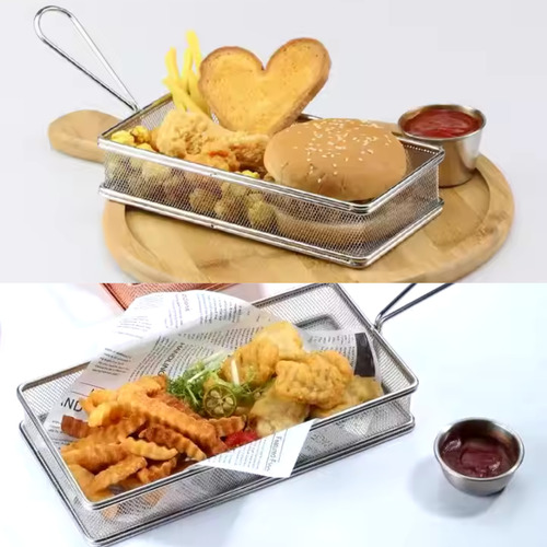 6 Cesta Para Servir Porções Aço Inox Retangular 25x13x4,3 Cm