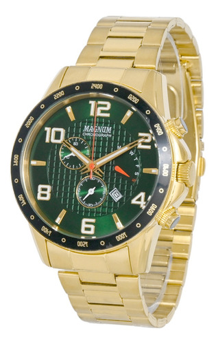 Relógio Magnum Masculino Cronógrafo Dourado Verde Ma35191g Cor do bisel Preto