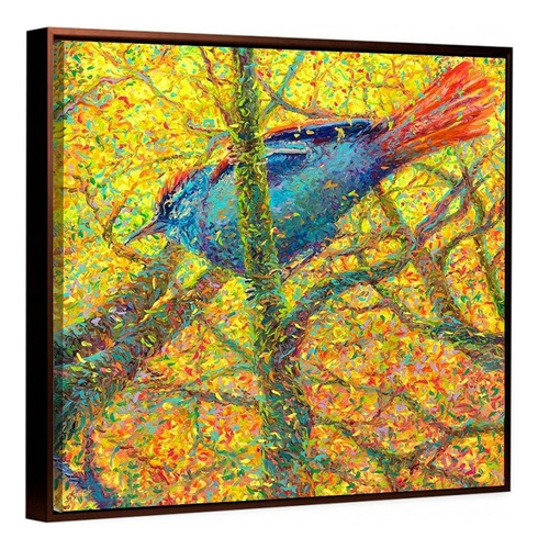 Cuadro Pájaro Arbol Estilo Oléo Moderno Con Marco Flotante Color Multicolor Armazón